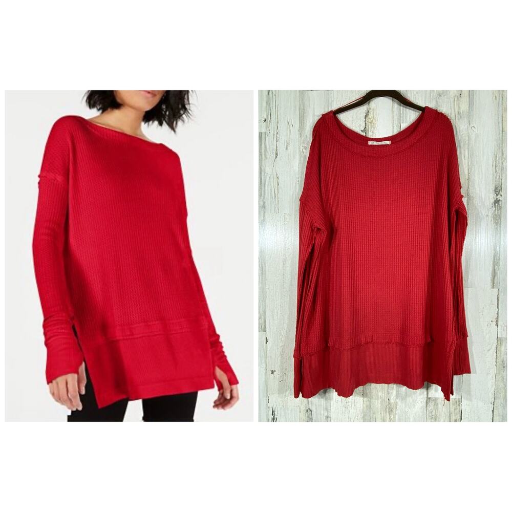 We The Free North Shore Shirt Size Medium Red Waffle Knit Ribbed Raw Edges‎ READ